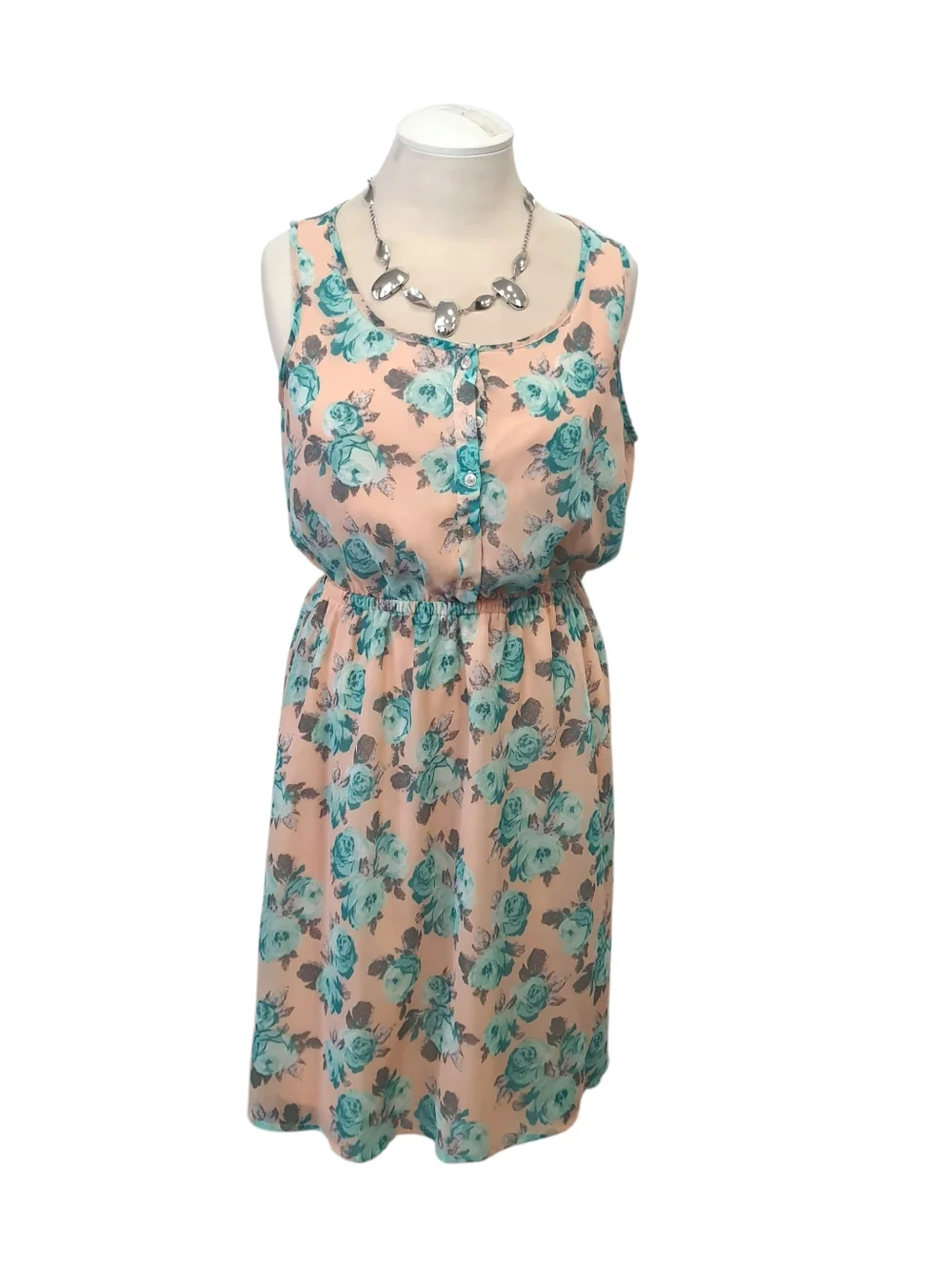 Peach Floral Sleeveless Open-Back Dress with Turquoise Roses - Picture 2 of 7